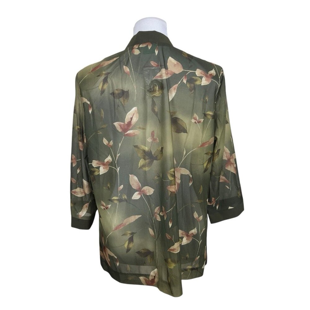 Sara‎ Morgan Open Front Blouse Green Floral Semi Sheer Top With Necklace L Large - Picture 4 of 7